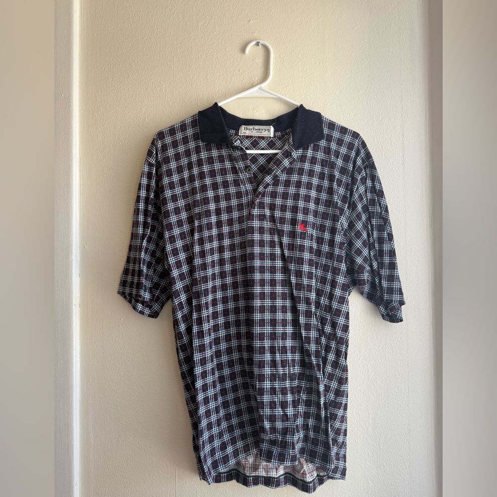 Burberry Navy and White Checkered Polo Shirt